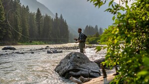 A person standing by a river with a fishing rod, surrounded by a forest and mountains in the background. - Blocks from Yellowstone Park Bison at Buffalo Jump (West Yellowstone)