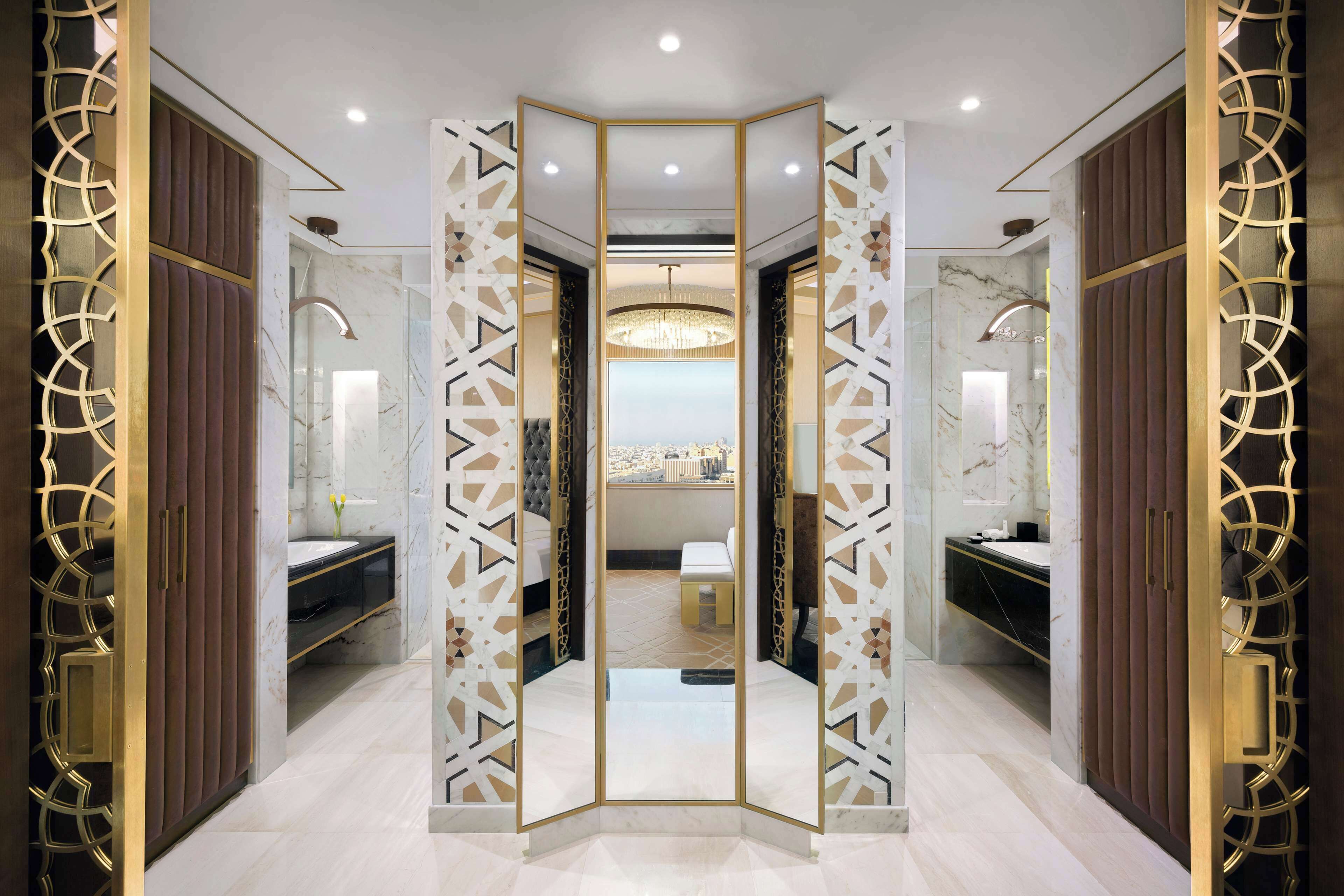 combined shower/bathtub, rainfall showerhead, designer toiletries