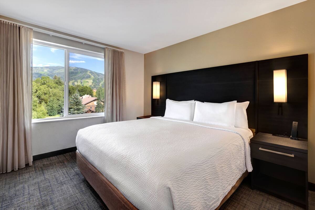 A hotel room with a large bed, a nightstand, a lamp, and a view of the outdoors.