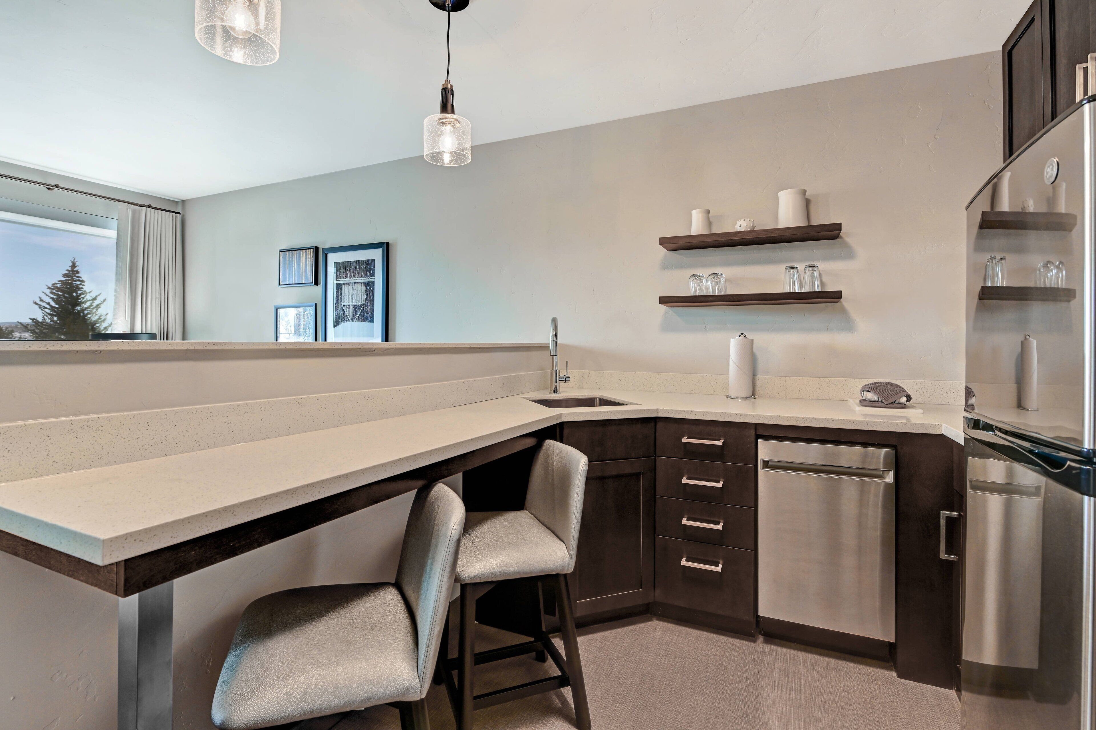 desk, laptop workspace, blackout curtains, iron/ironing board