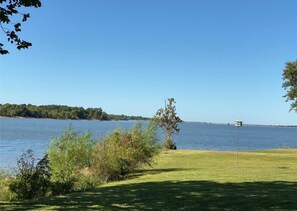 A grassy area with a flagpole, a body of water, and a distant tree line.