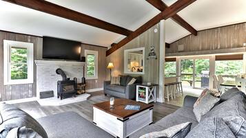 TV, fireplace, streaming services, music library