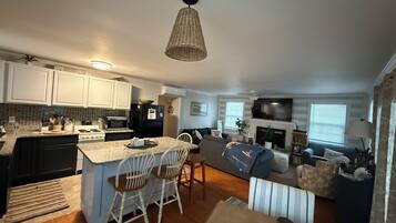 Smart TV, fireplace, books