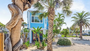 Un bâtiment à la façade bleue, avec un palmier au premier plan.