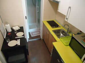 Fridge, microwave, stovetop, electric kettle