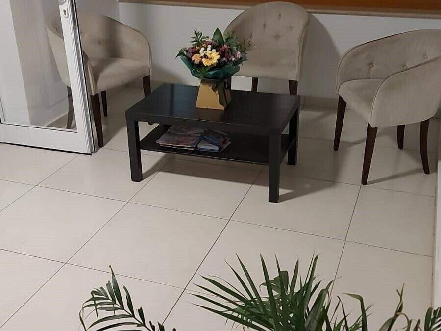 A room with a black coffee table, two beige armchairs, a window with wooden frames, and a potted plant in the foreground.
