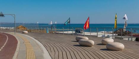 A wooden promenade with a curved path, tactile paving, and a view of the sea.