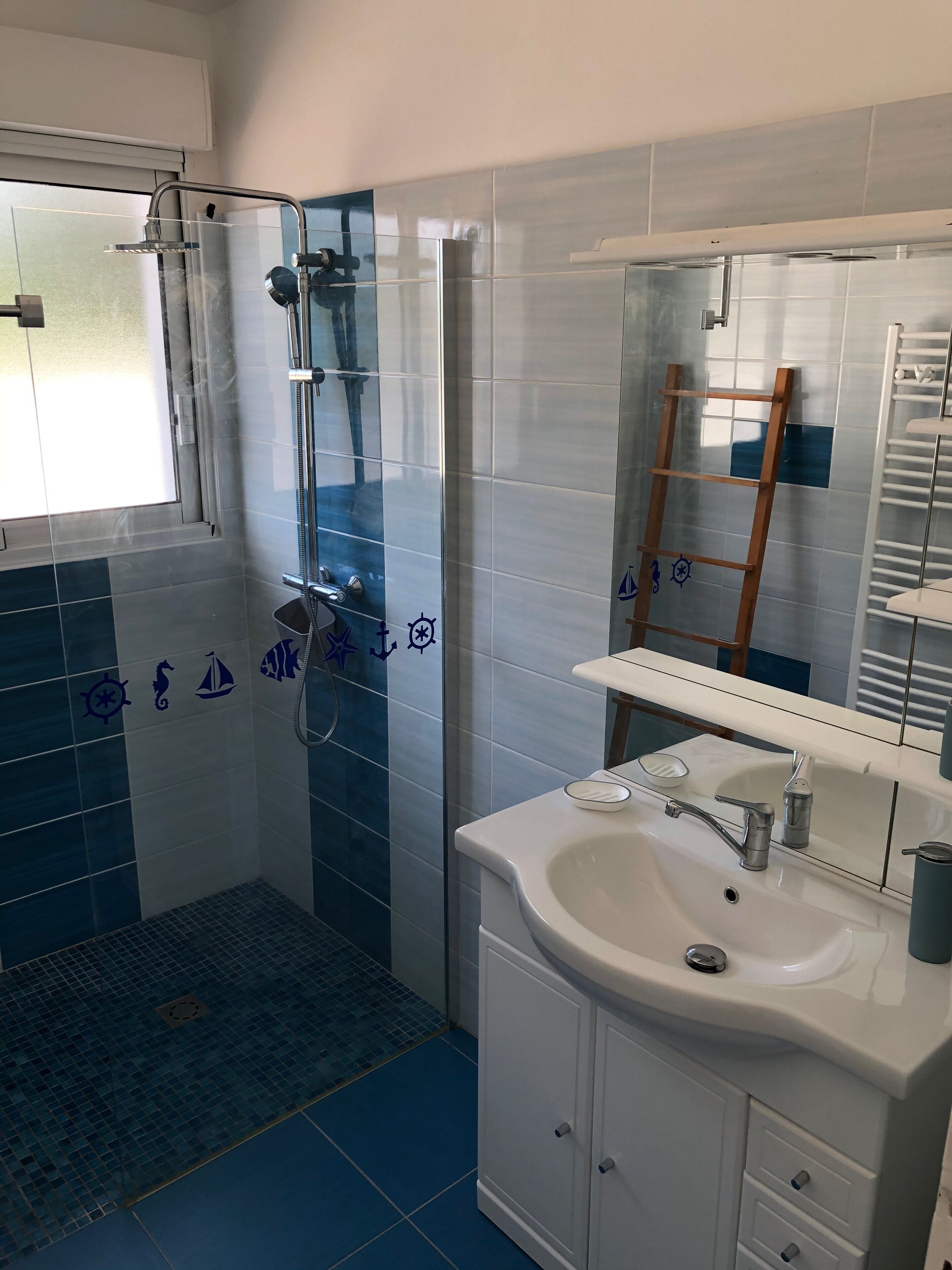 Een badkamer met een douche, wastafel en spiegel.