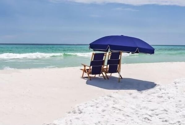 Private beach, sun loungers, beach towels