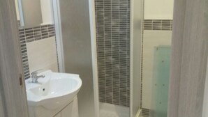 Une salle de bain avec une douche, un lavabo et un miroir.