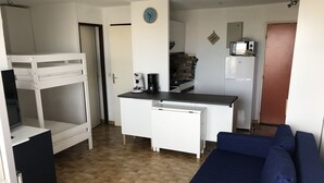 Un espace de vie compact comprenant un lit superposé, une kitchenette et un canapé.