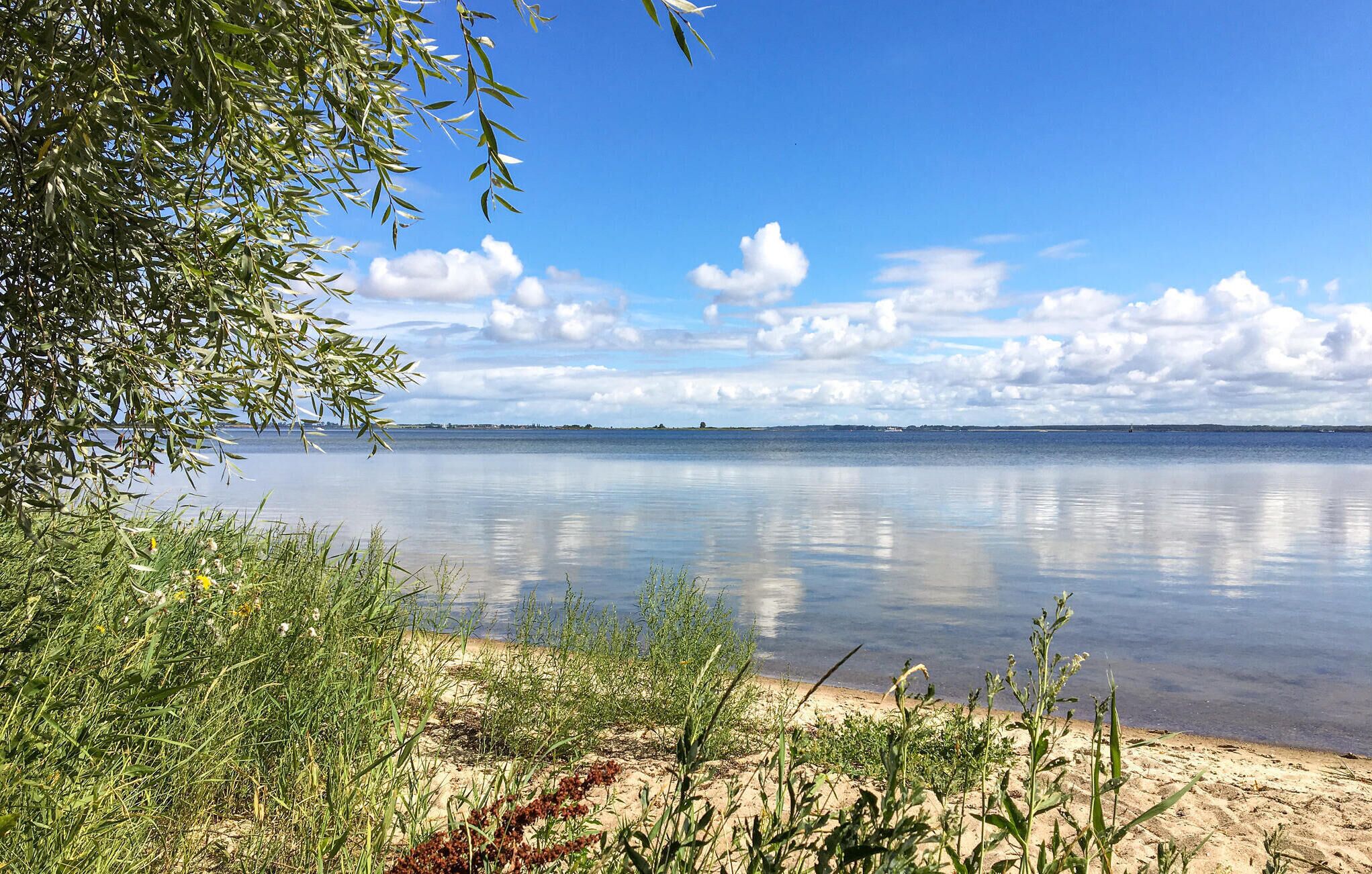 A calm lake with a sandy shore, surrounded by greenery and a clear sky.