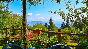 Una mesa con una botella de champán, un balde de metal y dos sillas, con un fondo de exuberante vegetación y vista al mar.