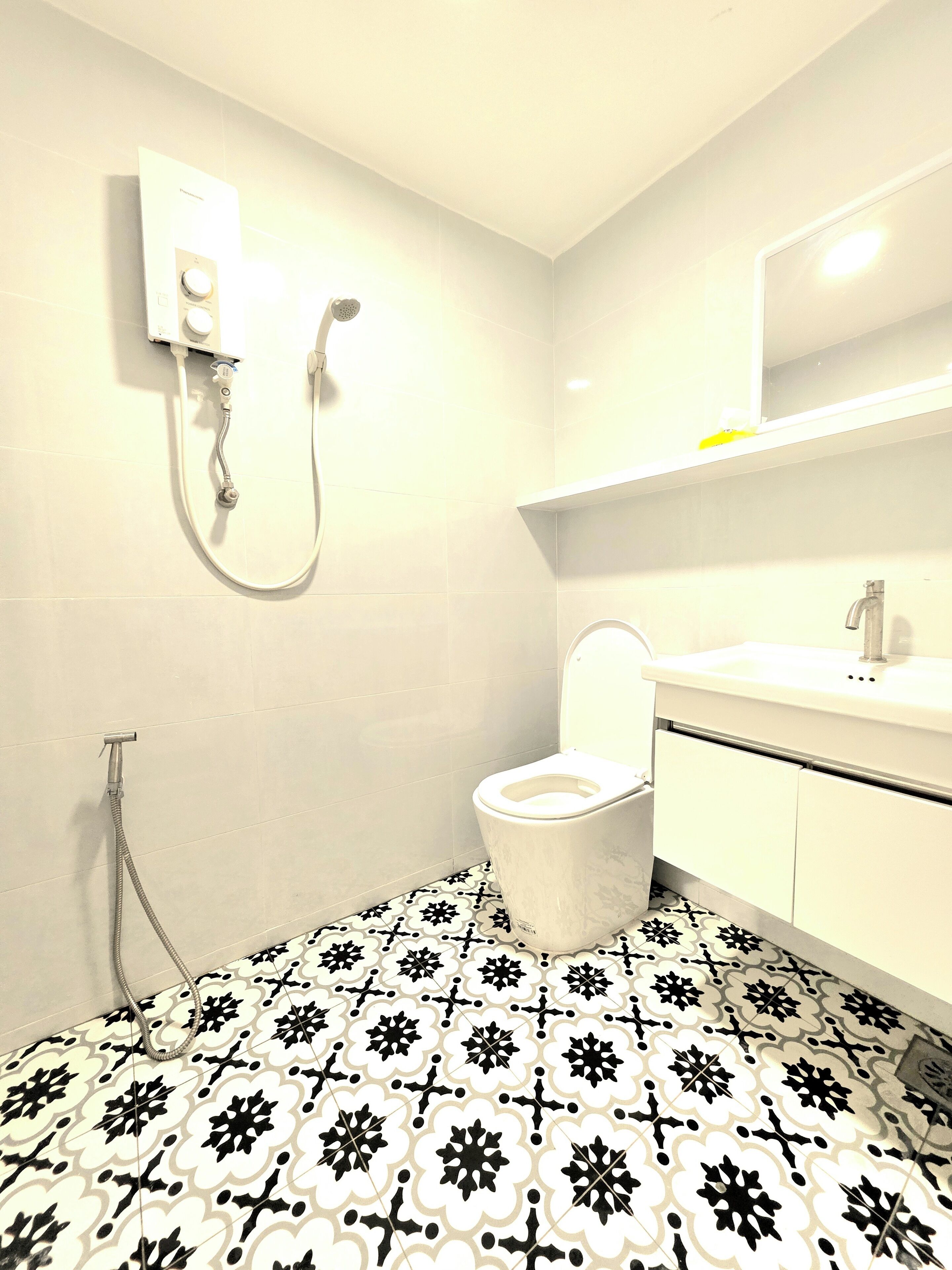 Shower, hair dryer, bidet, towels