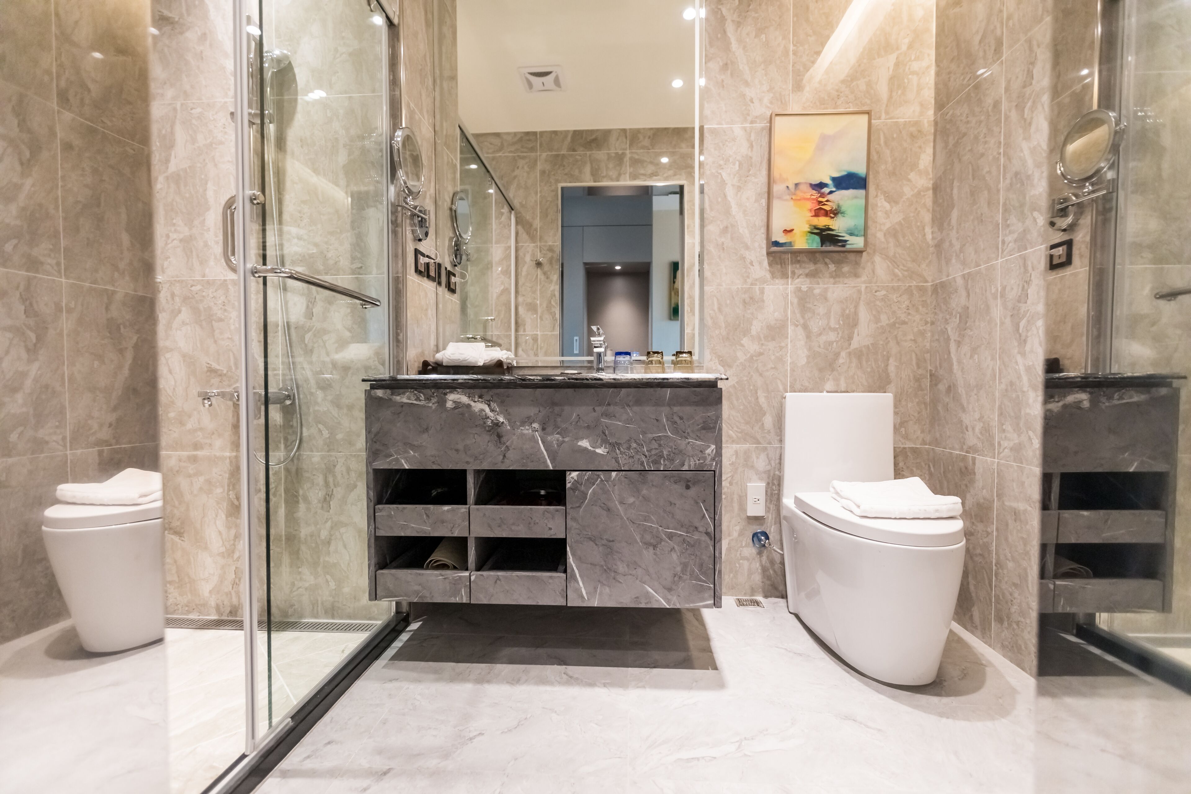 hair dryer, towels, shampoo, toilet paper