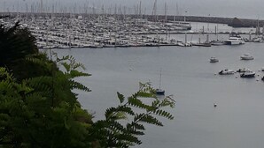 A marina with numerous boats docked, surrounded by greenery. - Duplex apartment with sea view (Saint-Cast-le-Guildo)
