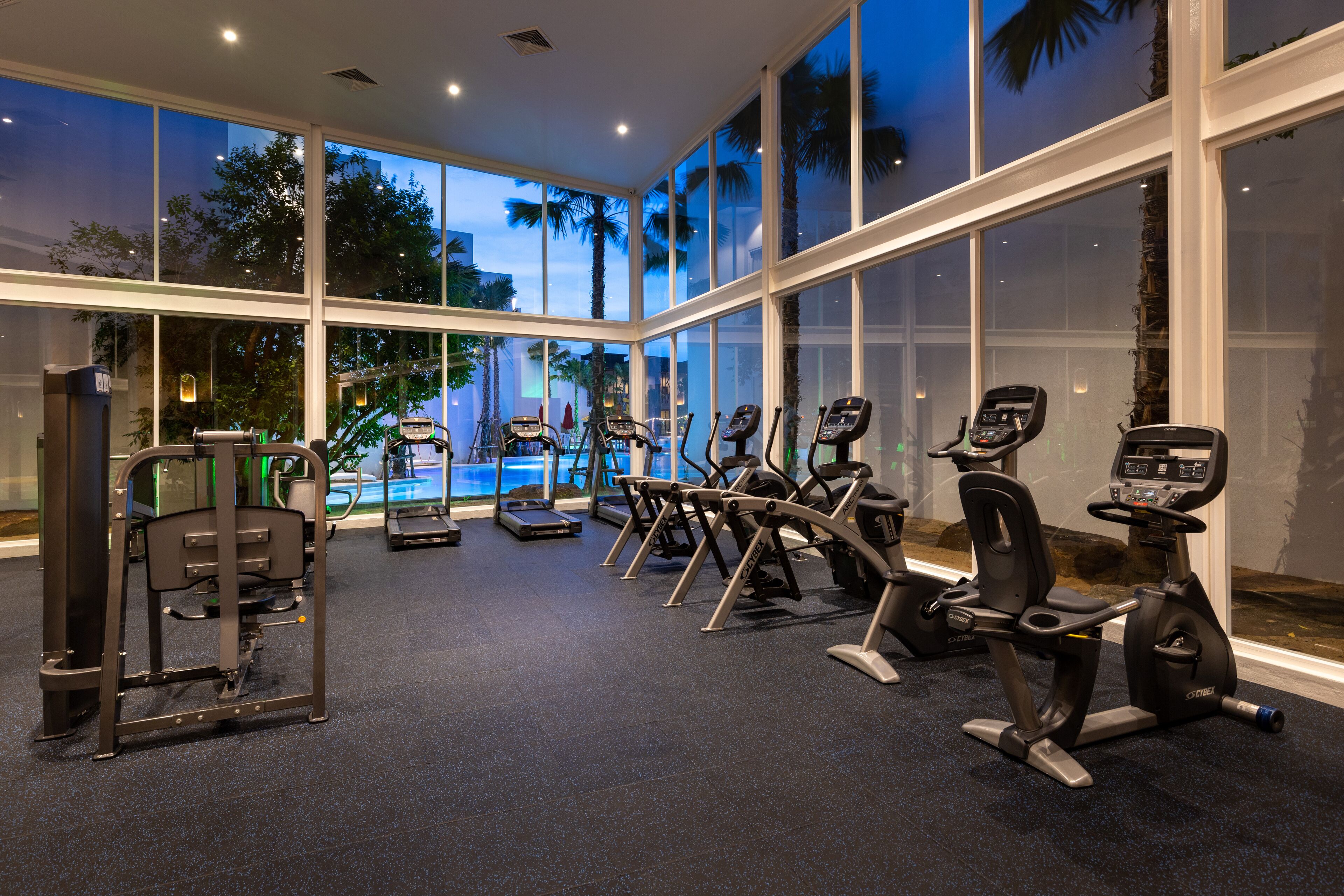 A gym with various exercise equipment, large windows, and a view of palm trees.