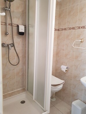 Regadera, secadora de cabello, toallas, papel de baño 