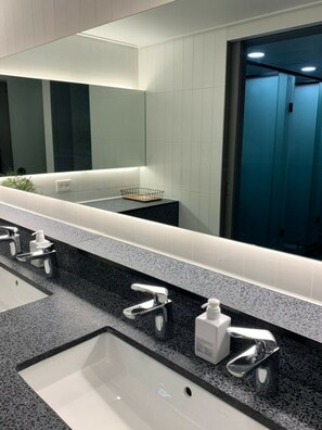 Shower, hair dryer, towels, soap