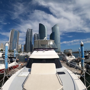 A marina with boats docked, a city skyline in the background, and a clear sky. - Yacht King (Busan)
