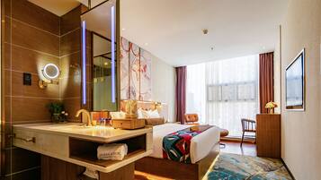 Desk, laptop workspace, blackout curtains, free WiFi