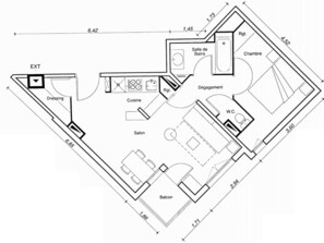 A floor plan of a hotel with a dressing area, kitchenette, dining room, bathroom, and balcony.