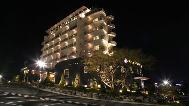 A multi-story hotel with illuminated balconies and a well-lit entrance. - Ritz Plaza Hotel (Gunsan)