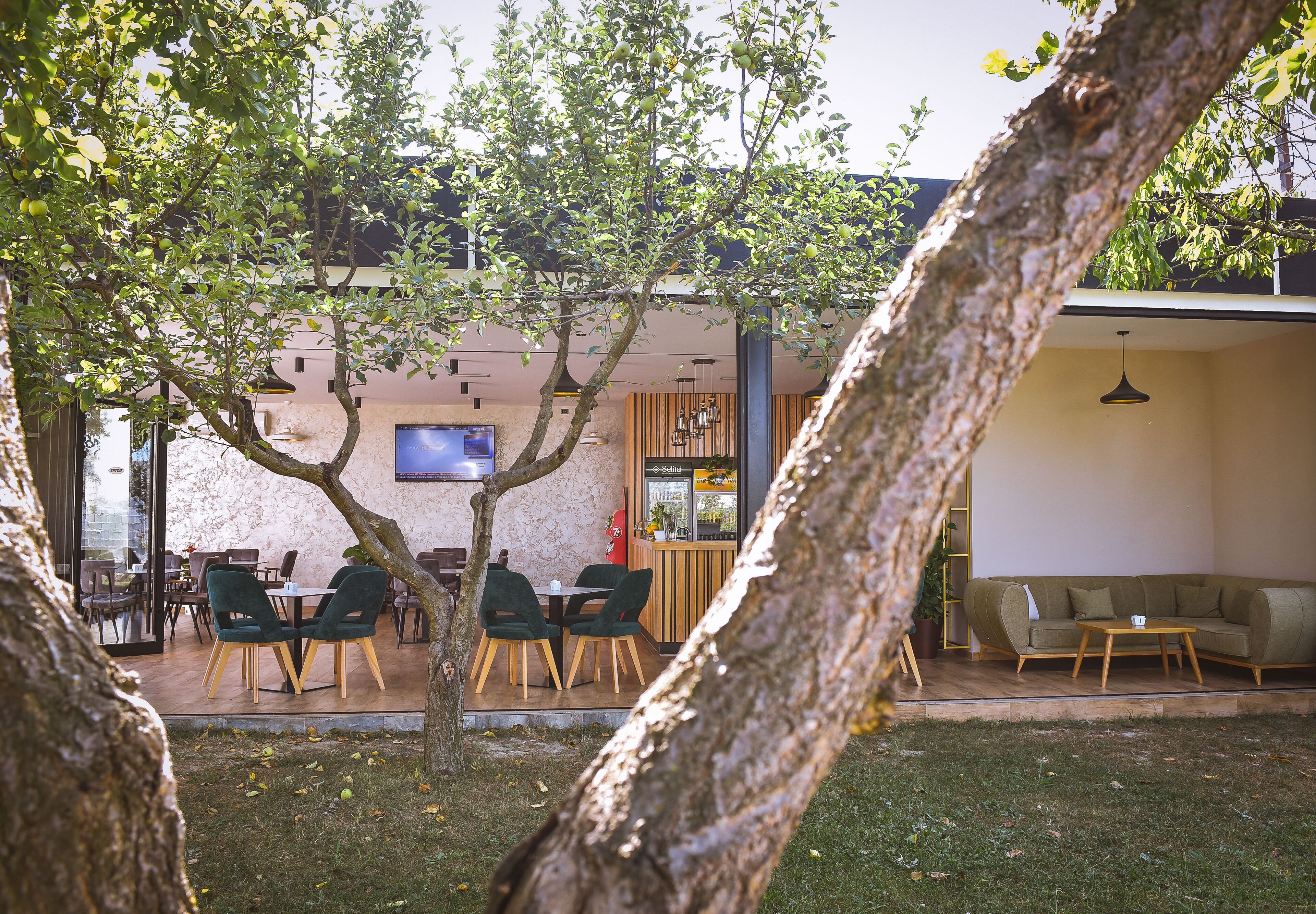 An outdoor seating area with tables and chairs, a sofa, and a TV screen.