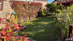 Ein Innenhof mit einer Steinmauer, einem kleinen Gebäude und verschiedenen Pflanzen.
