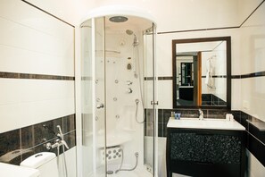 Shower, free toiletries, hair dryer, bathrobes