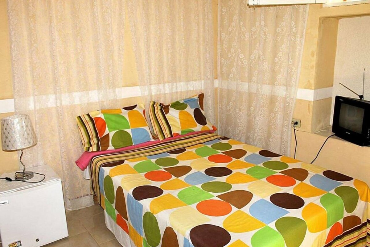 A bedroom with a bed, a television, and a small white appliance.