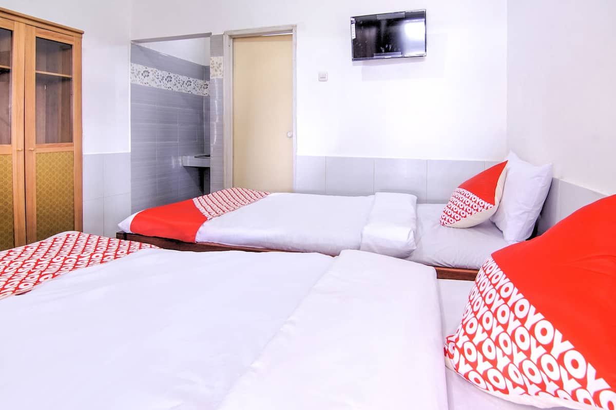 A hotel room with two beds, a wardrobe, a shower area, and a TV mounted on the wall.