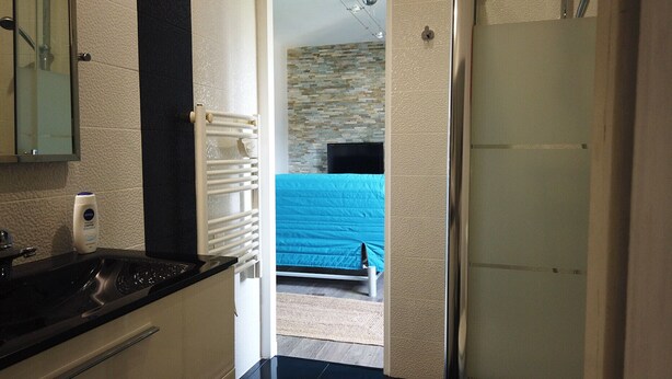A bathroom with a black countertop, a white bottle of lotion, and a towel rack. - 350m from the beach - flat for 4 (Pornichet)