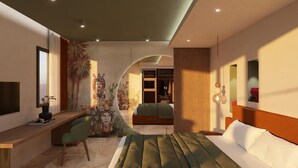 A modern hotel room with a bed, a desk, a chair, and a large mural on the wall. - Giafra Rooms (Agrigento)