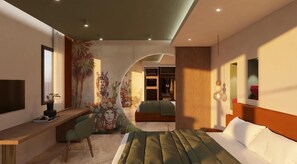 A modern hotel room with a bed, a desk, a chair, and a large mural on the wall. - Giafra Rooms (Agrigento)