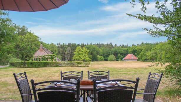Une terrasse avec une table et des chaises, donnant sur un espace verdoyant avec des arbres et un bâtiment en arrière-plan.