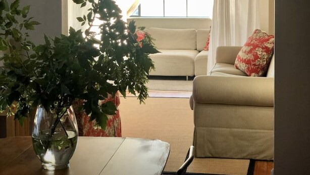 A living room with a chandelier, a sofa, a coffee table, and a plant. - Ruby`s House ~ Downtown Durango (Durango)