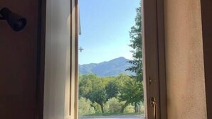 Une pièce dotée d’une grande fenêtre donnant sur un paysage montagneux et une forêt.