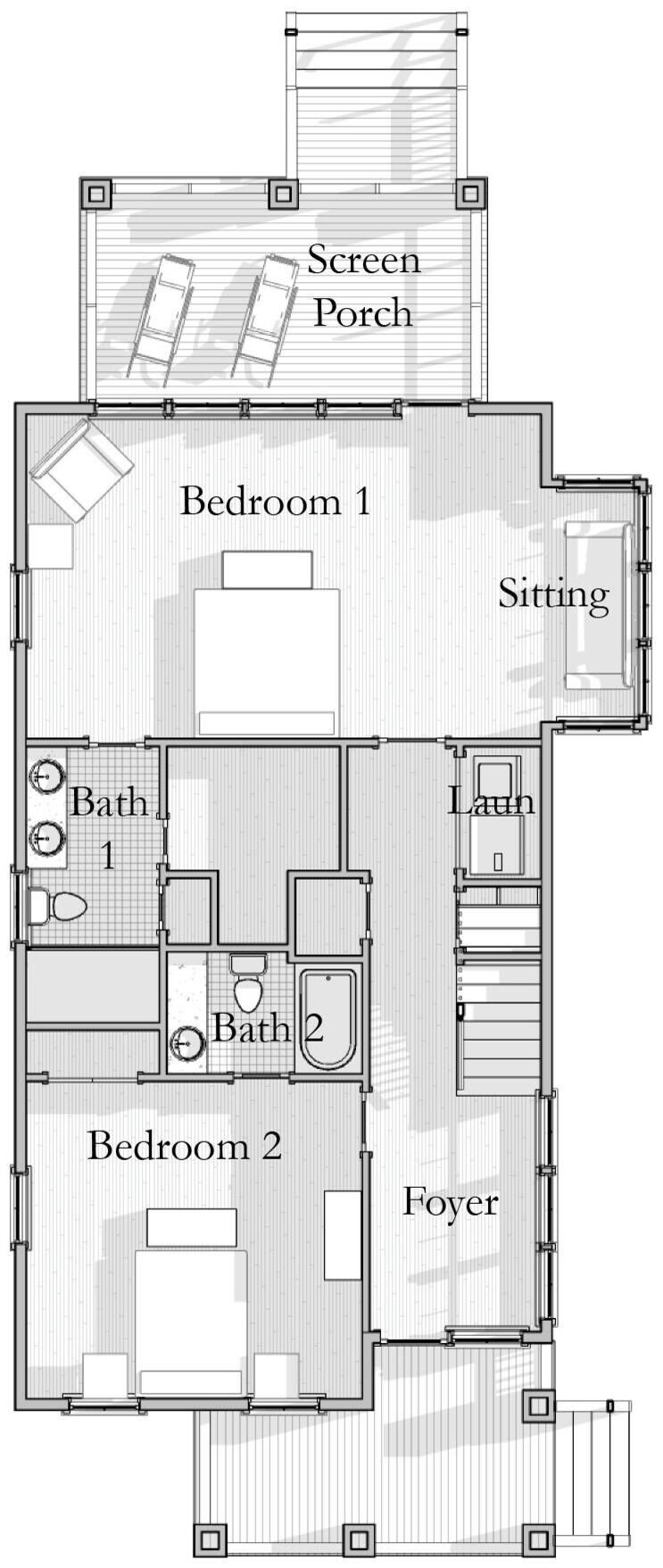 Plano de planta con dos dormitorios, dos baños, un vestíbulo, una sala de estar y un porche cerrado.