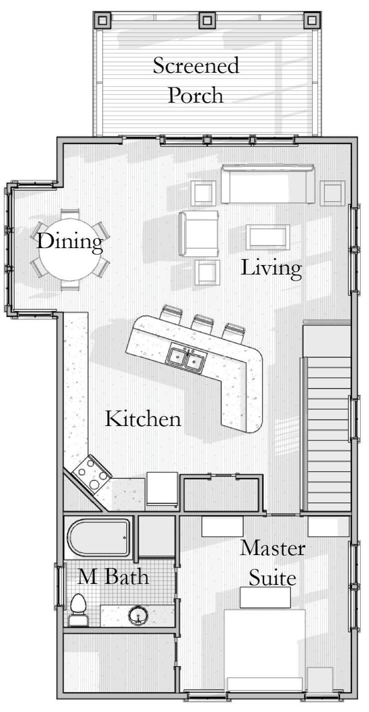 A floor plan of a hotel with a screened porch, dining area, kitchen, living room, master suite, and master bathroom.