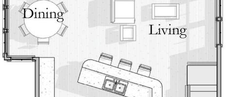 A floor plan of a hotel with a screened porch, dining area, kitchen, living room, master suite, and master bathroom.