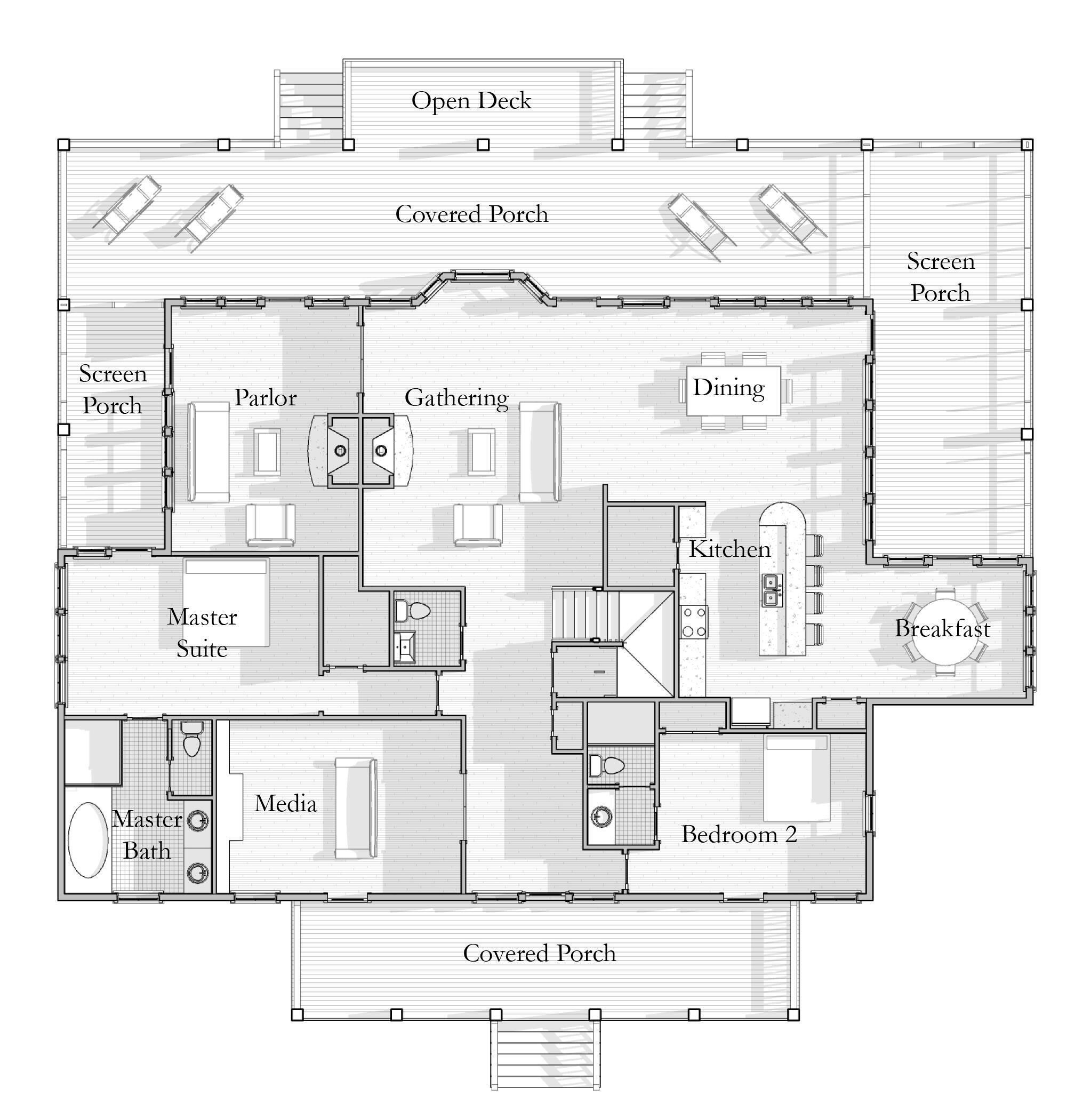 Un plan d’étage d’hôtel comprenant une terrasse ouverte, des vérandas couvertes, un coin repas, une cuisine, une suite principale, une salle multimédia, une salle de bain principale et une deuxième chambre.