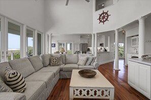 TV, fireplace, books, stereo