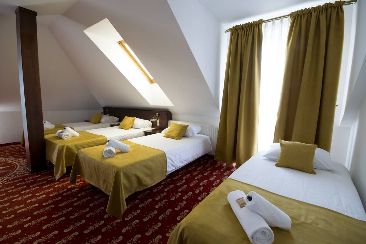Habitación de hotel con dos camas, un tragaluz y alfombra roja.