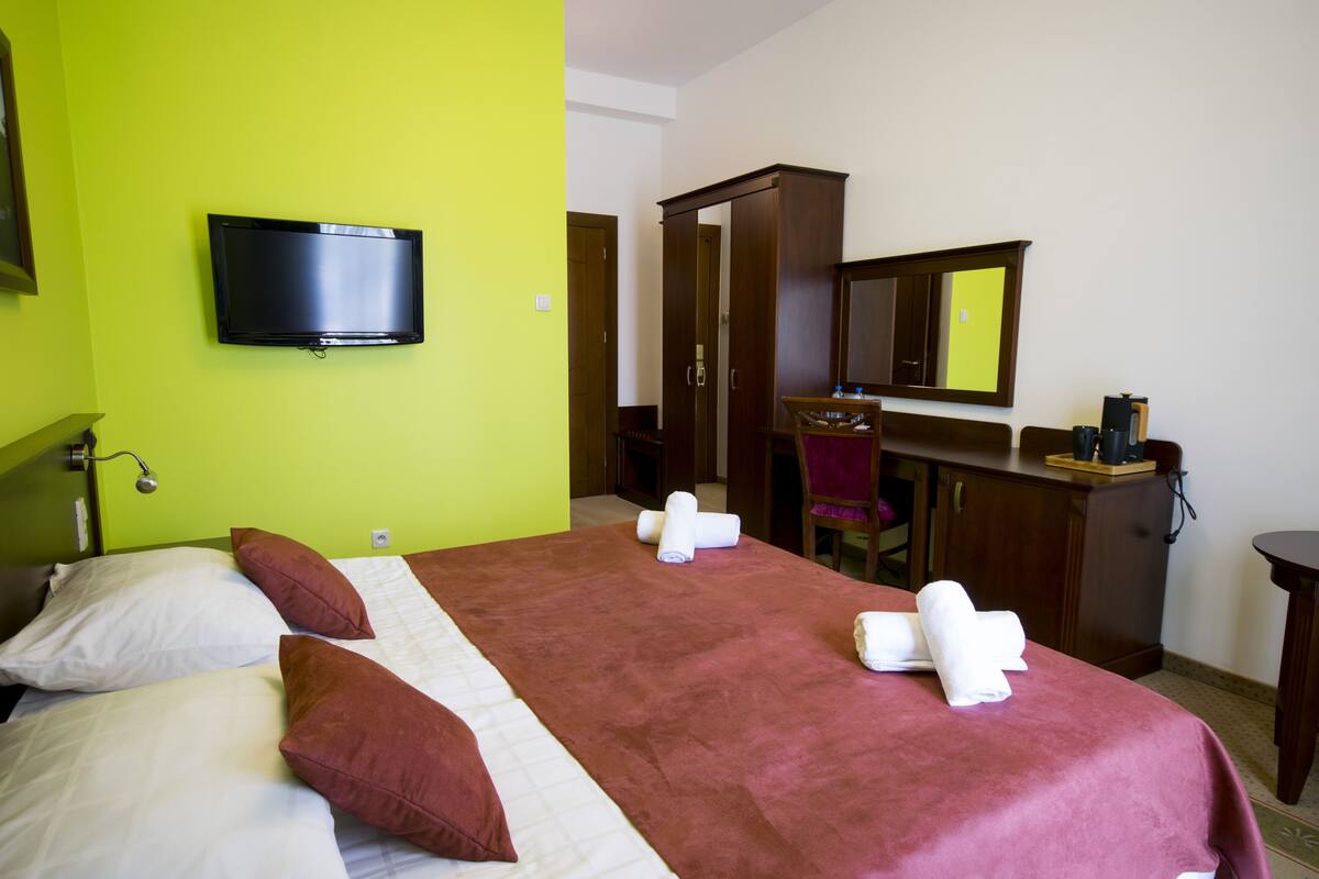 Habitación de hotel con cama, televisor montado en la pared, escritorio con espejo y armario.