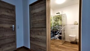 A modern bathroom with a glass shower enclosure, wooden flooring, and a white toilet. - Vacation apartment Landglück Seegraben (Bechhofen)
