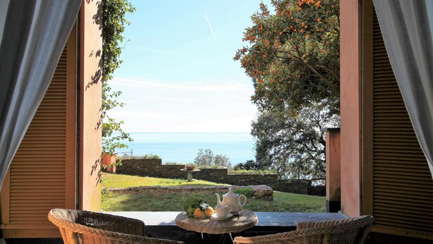 A view from a room with wicker chairs and a table set with a teapot and fruit, overlooking a garden and the sea. - Villa Limoni (Arenzano)