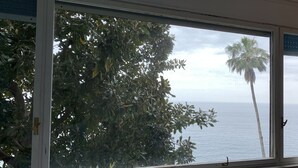 A window with a view of a palm tree and the sea. - Villa Adele (Sori)