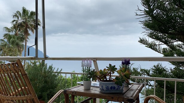A wooden table with chairs on a balcony overlooking a body of water, with potted plants and a view of palm trees. - Villa Adele (Sori)