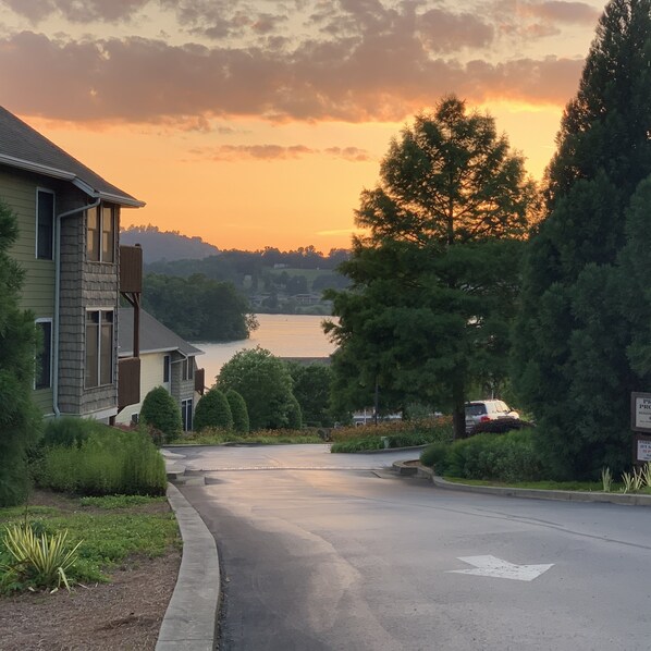 A residential street with houses, a driveway, and a body of water in the background. - This community is located in the North Georgia mountains and on Lake Chatuge. (Hiawassee)